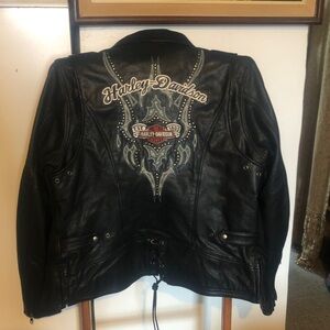 HD studded & embroidered leather jacket removal liner inner zip & slip pockets
